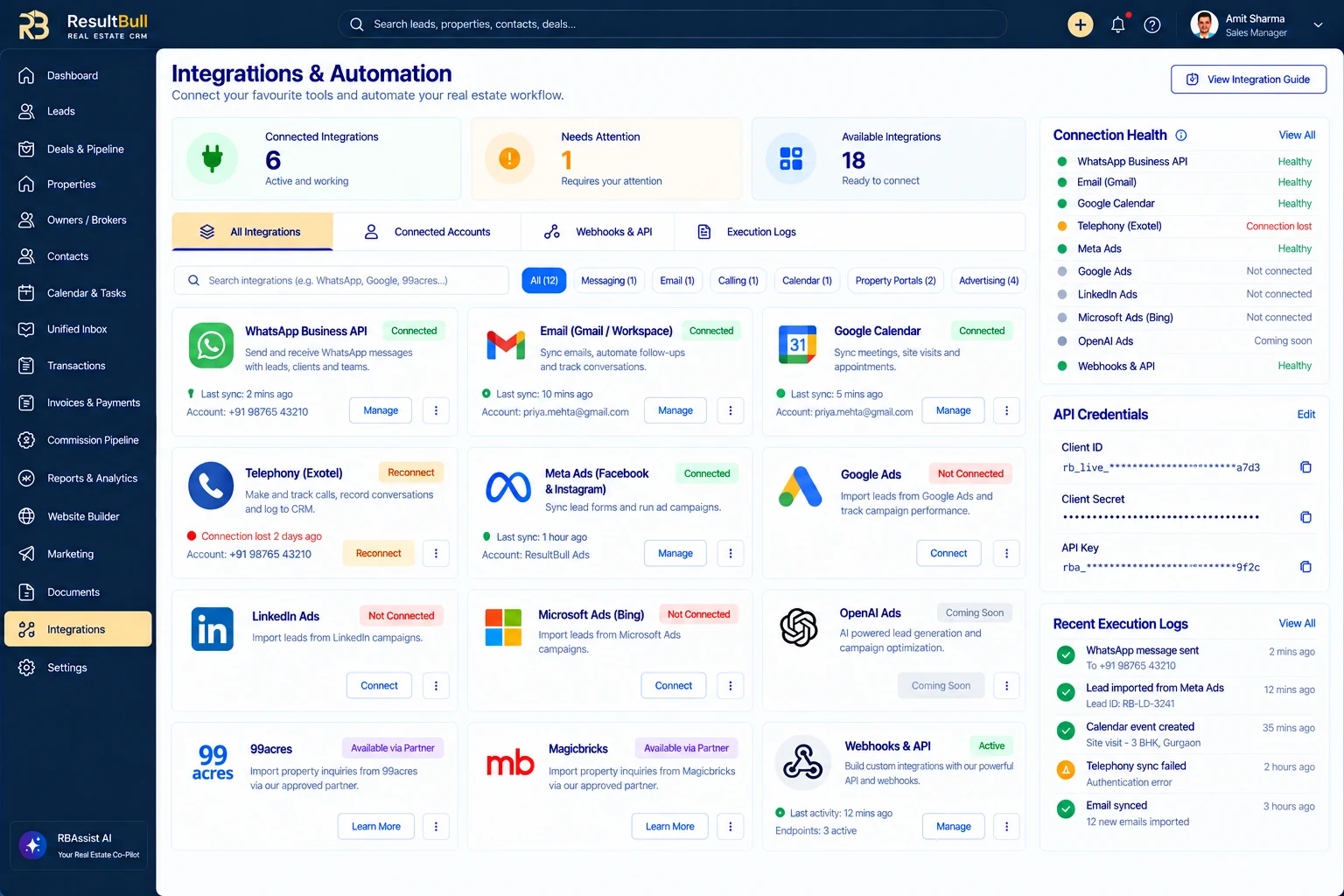 ResultBull integration management preview with connector cards, account health and execution logs